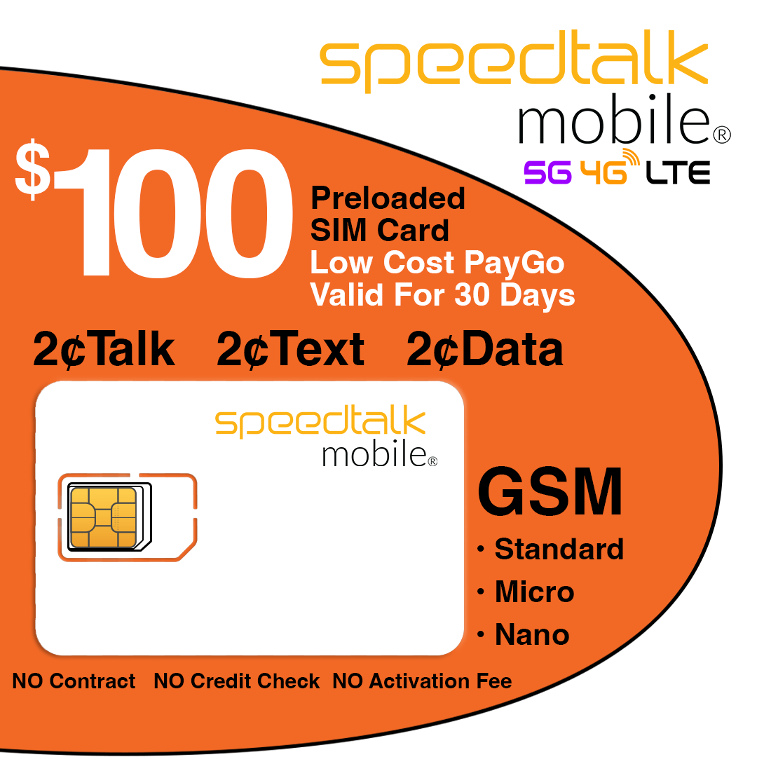 $100 Speedtalk Mobile Prepaid SIM Card for iphone, samsung, and other 4G 5G cellphones or mobile phones
