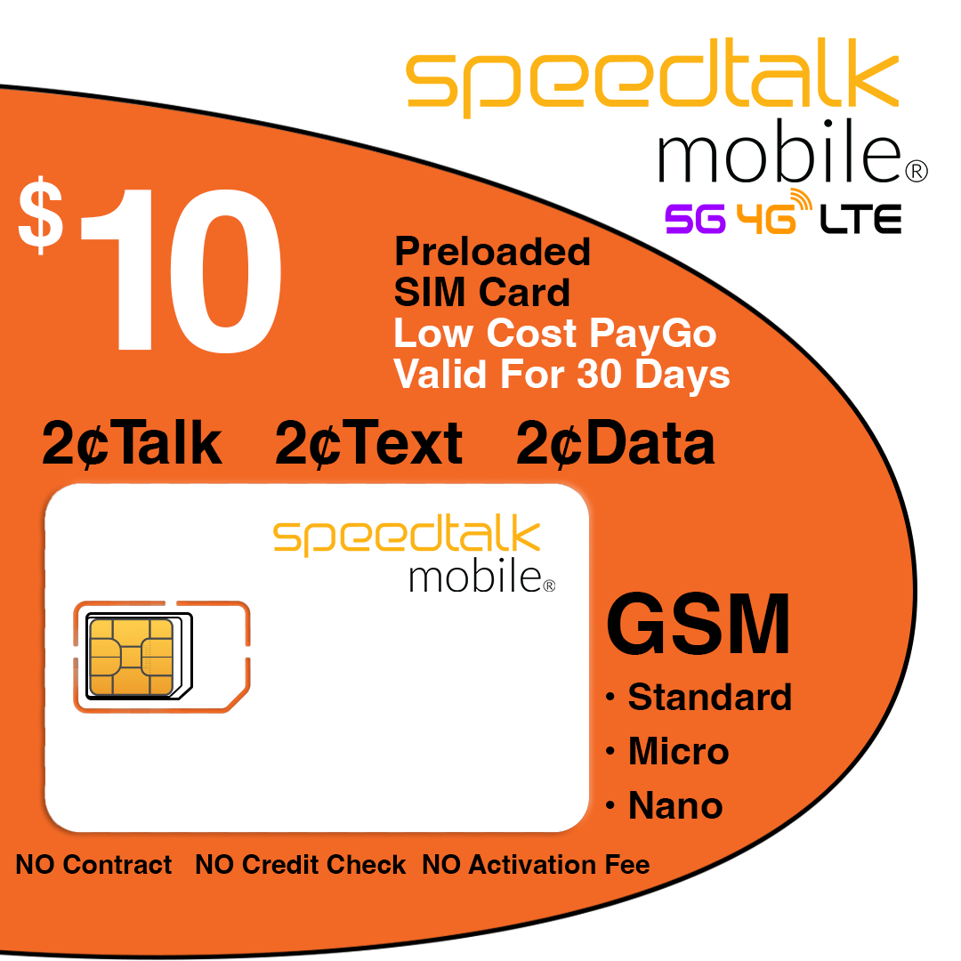 $10 Speedtalk Mobile Prepaid SIM Card for iphone, samsung, and other 4G 5G cellphones or mobile phones
