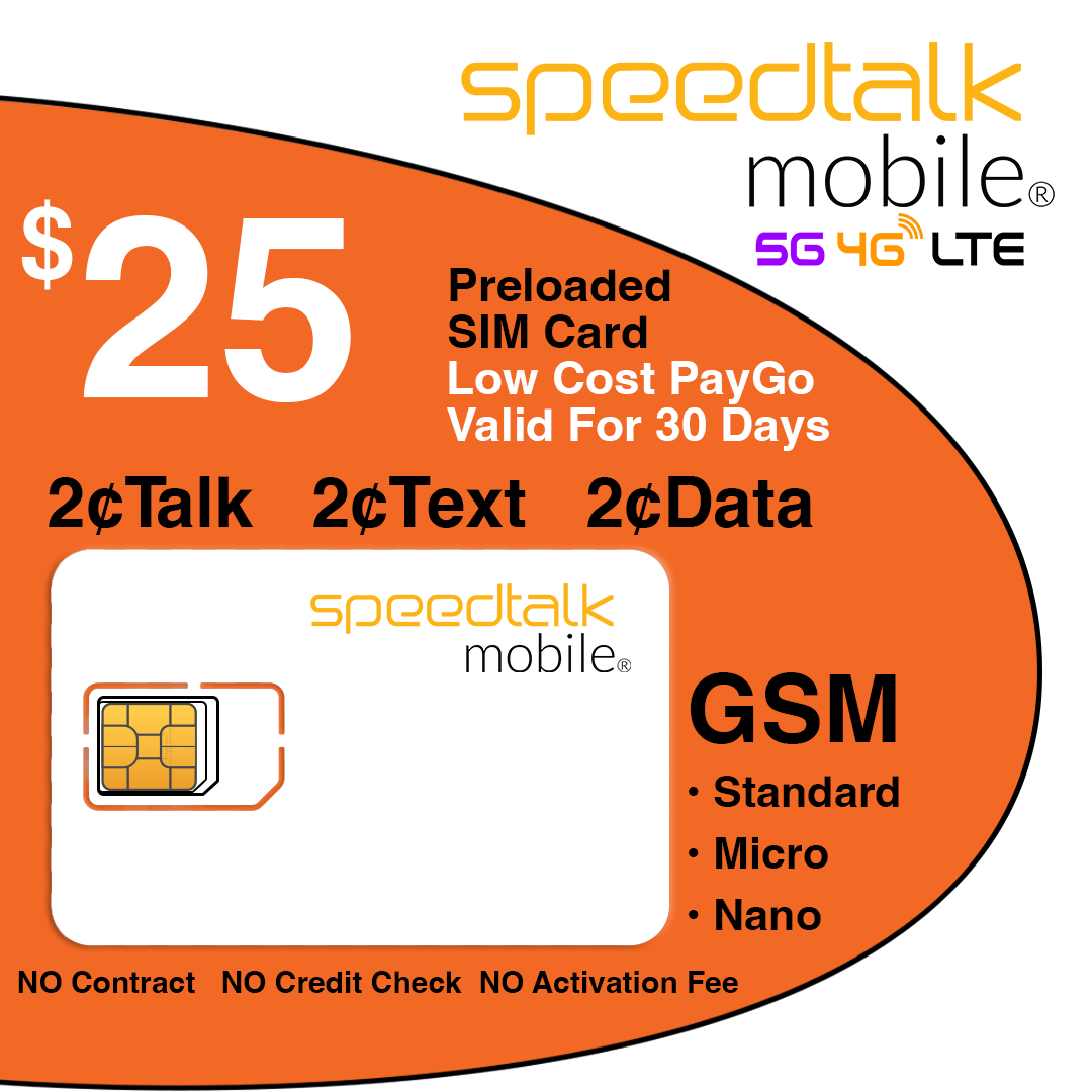 $25 Speedtalk Mobile Prepaid SIM Card for iphone, samsung, and other 4G 5G cellphones or mobile phones

