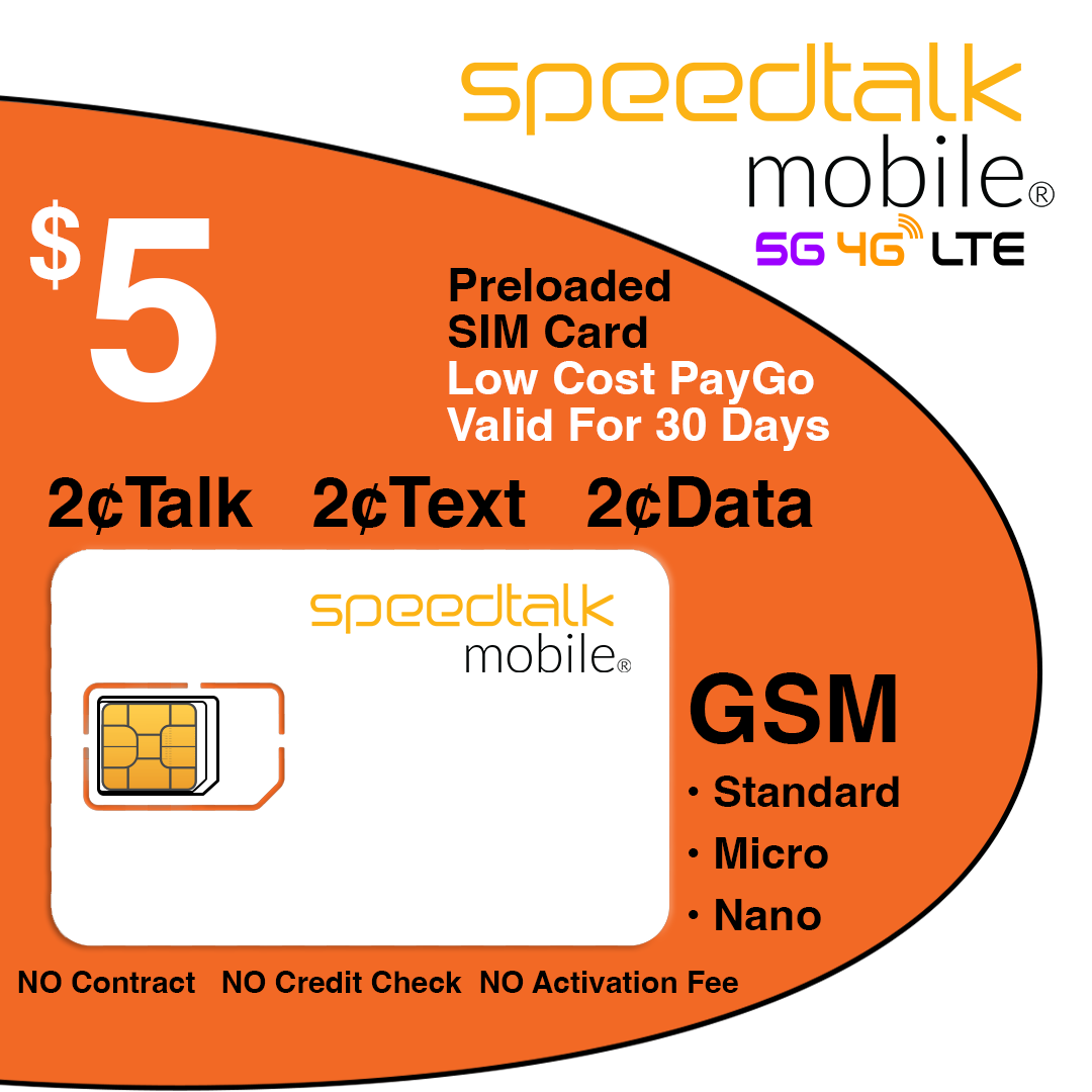 $5 Speedtalk Mobile Prepaid SIM Card for iPhone, Samsung and other android phones 1 month service plan