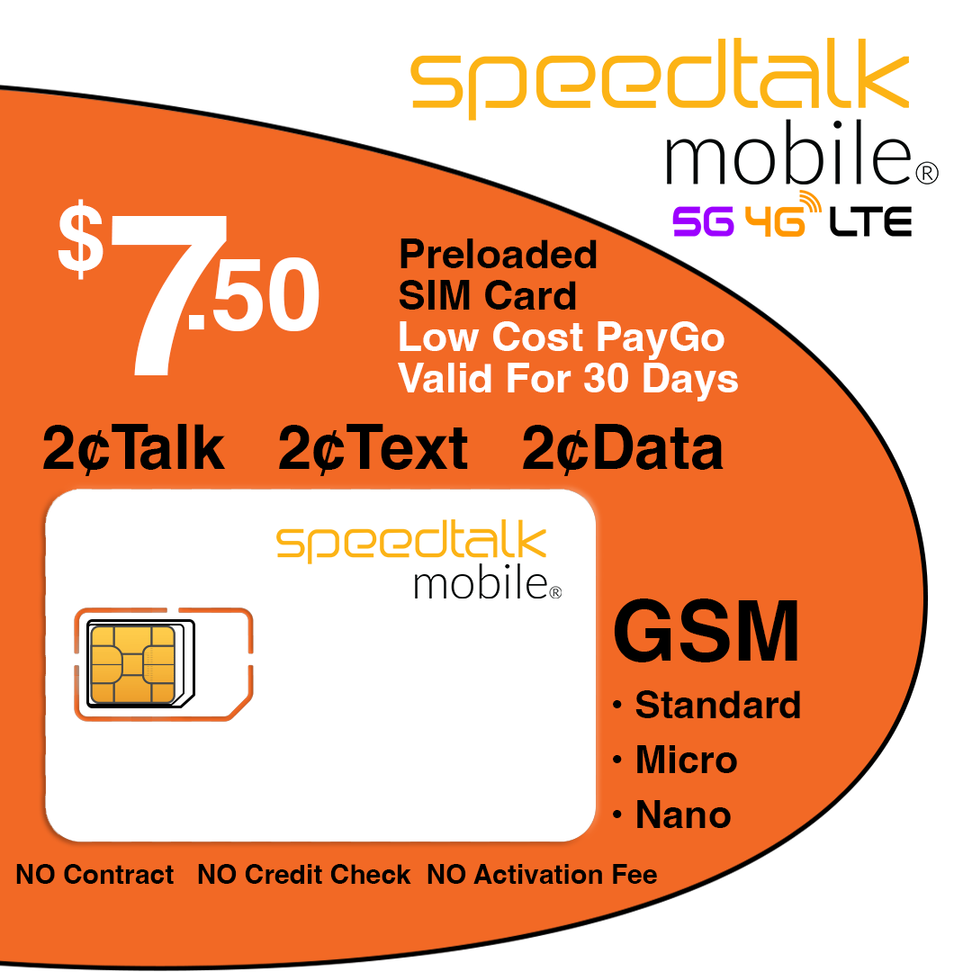 $7.50 Speedtalk Mobile Prepaid SIM Card for iphone, samsung, and other 4G 5G cellphones or mobile phones
